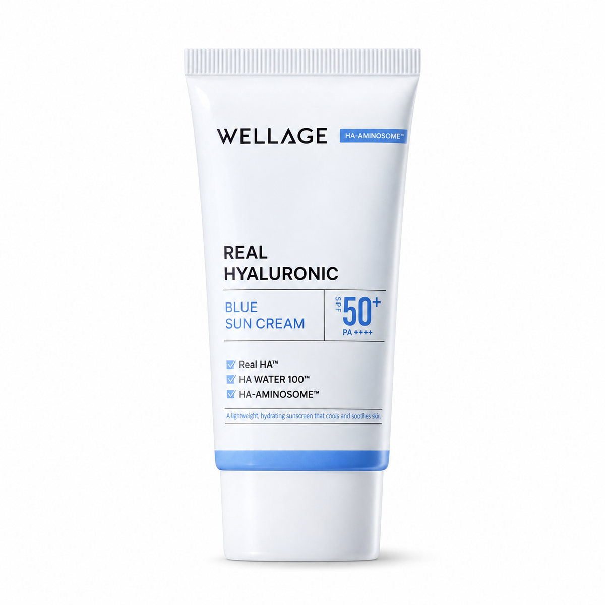WELLAGE Real Hyaluronic Blue Sun Cream SPF 50+ PA++++ 50mL on white background