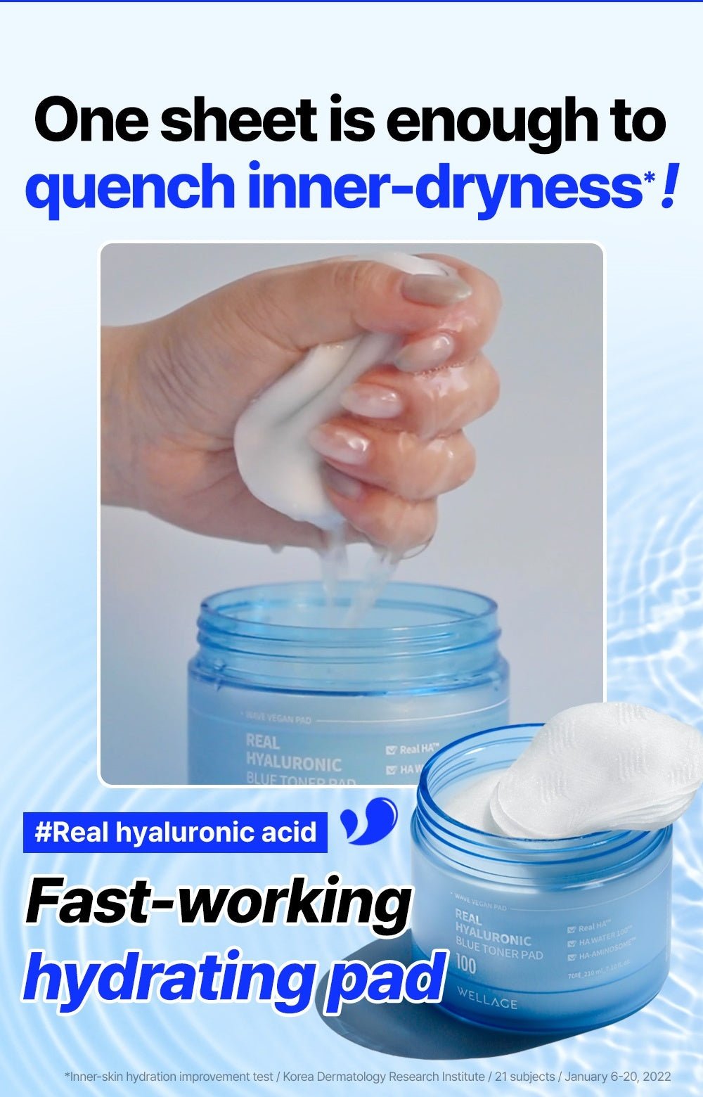 WELLAGE Real Hyaluronic Blue Toner Pad 100: Hydrating pad format and test qualifier